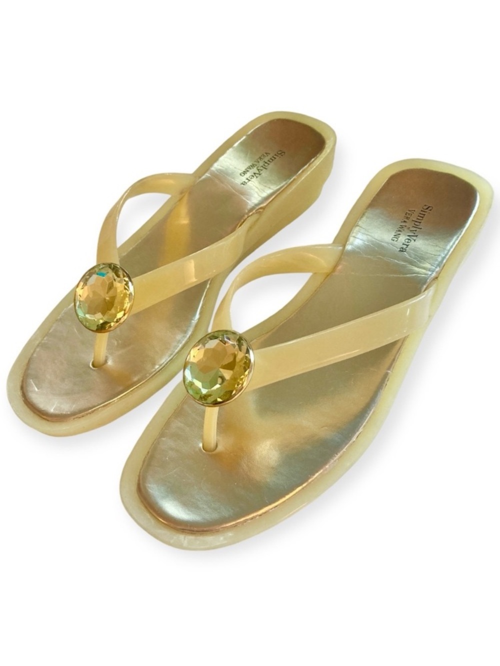 Simply Vera Wang Bauble Jelly Flip Flops Sandals Wedge Pale Yellow Silver Jewel
